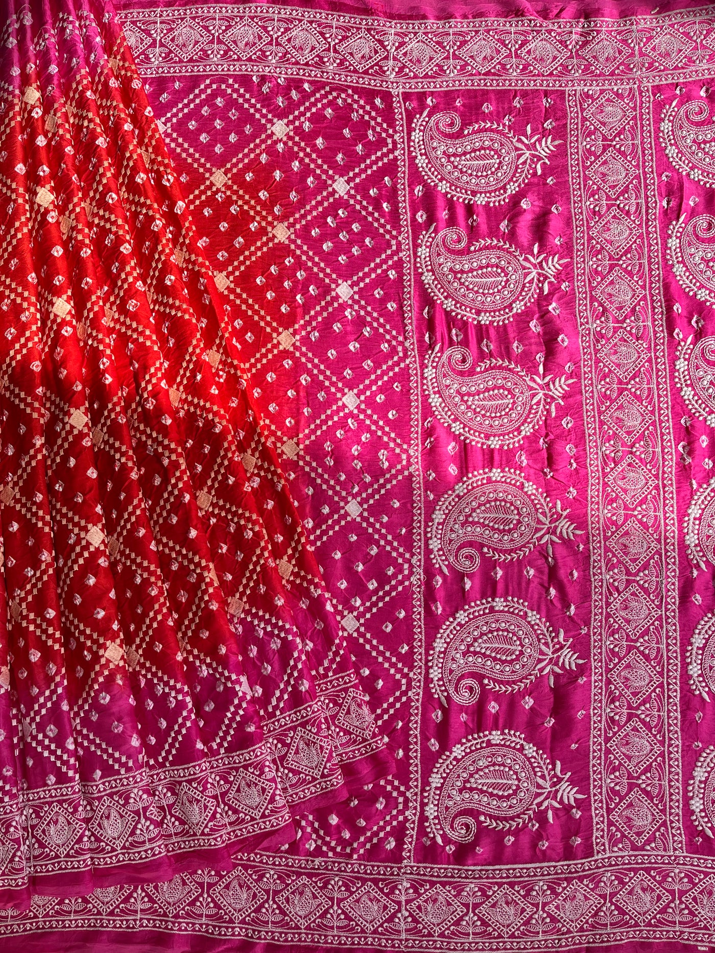 KUNDAN : Handmade Bandhani Modal Silk Saree With Thread Embroidery Work