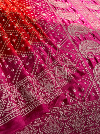KUNDAN : Handmade Bandhani Modal Silk Saree With Thread Embroidery Work