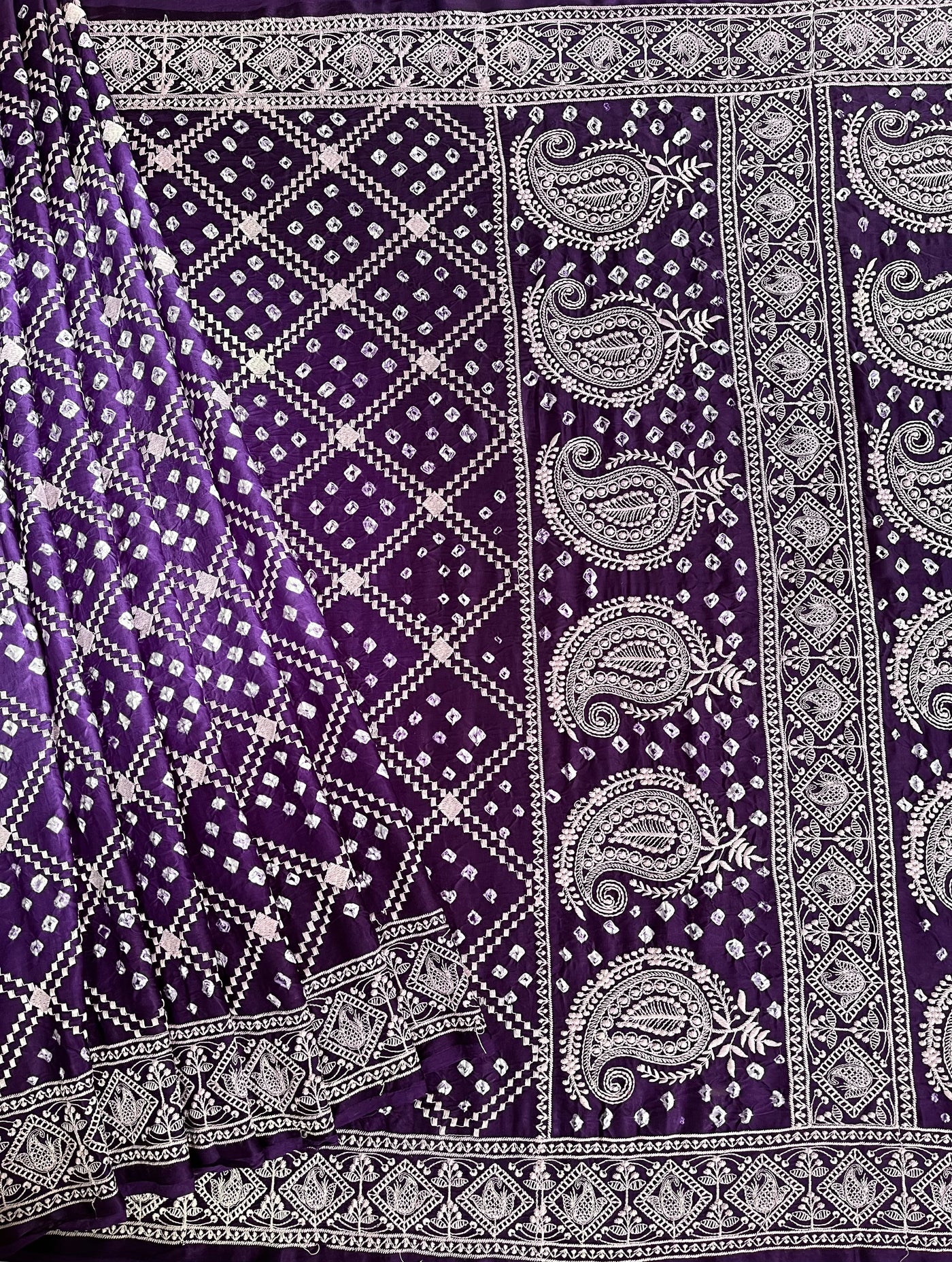 NIGHTINGALE : Handmade Bandhani Modal Silk Saree With Thread Embroidery Work