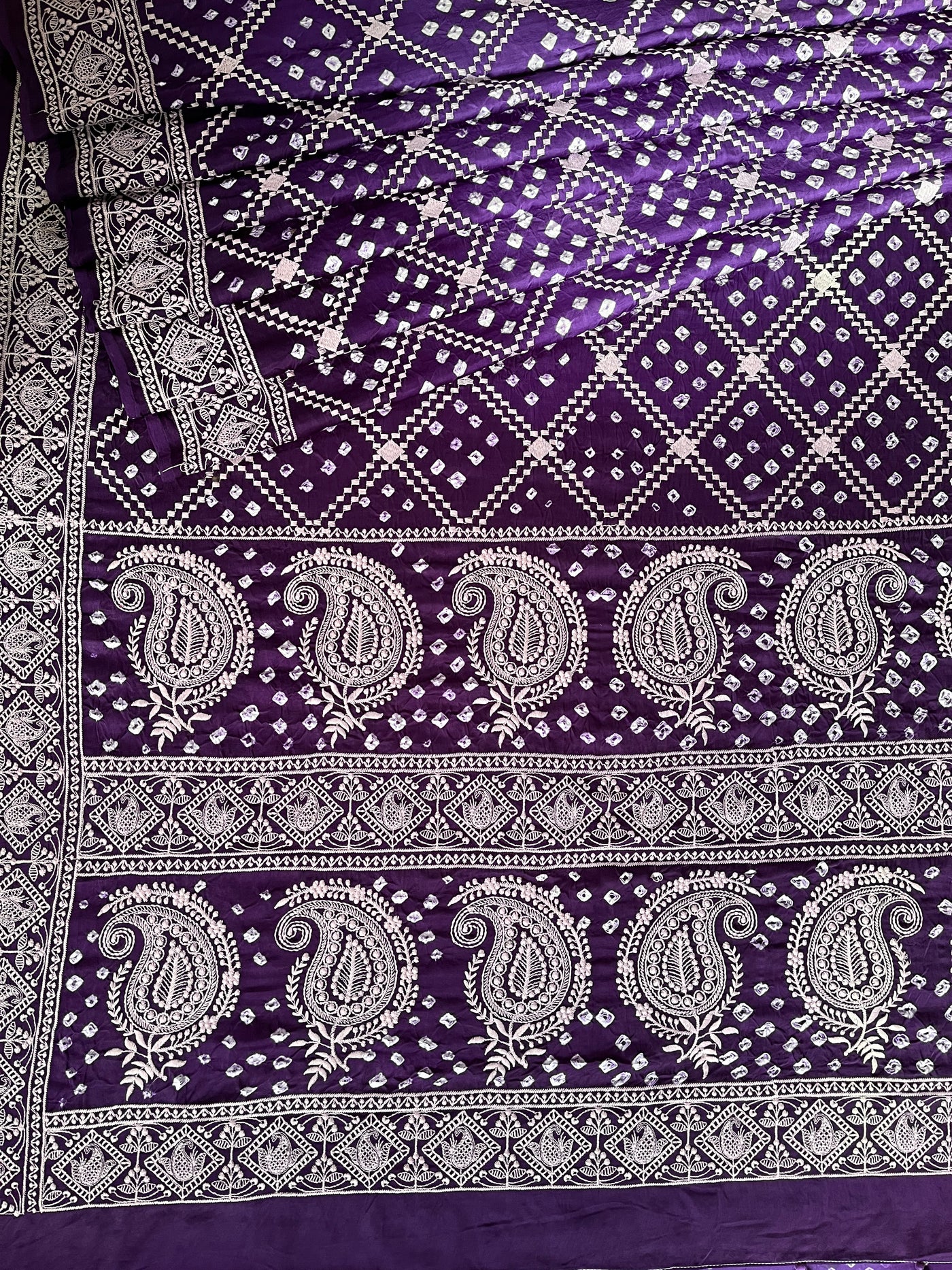 NIGHTINGALE : Handmade Bandhani Modal Silk Saree With Thread Embroidery Work
