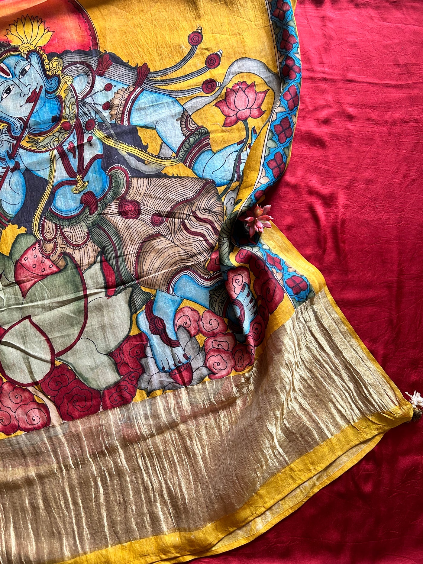 KRISHNA:MAROON,HANDDRAWN&HANDPAINTED PENKALAMKARI CHANDERI TISSUE DUPATTA WITH DYED MODAL SILK SUIT SET