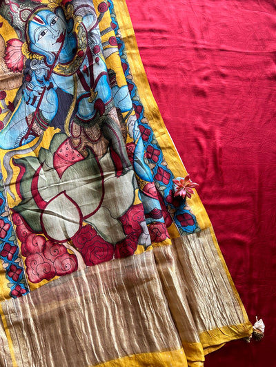 KRISHNA:MAROON,HANDDRAWN&HANDPAINTED PENKALAMKARI CHANDERI TISSUE DUPATTA WITH DYED MODAL SILK SUIT SET