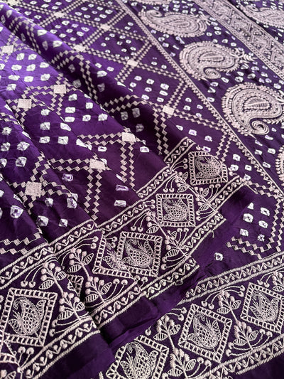 NIGHTINGALE : Handmade Bandhani Modal Silk Saree With Thread Embroidery Work