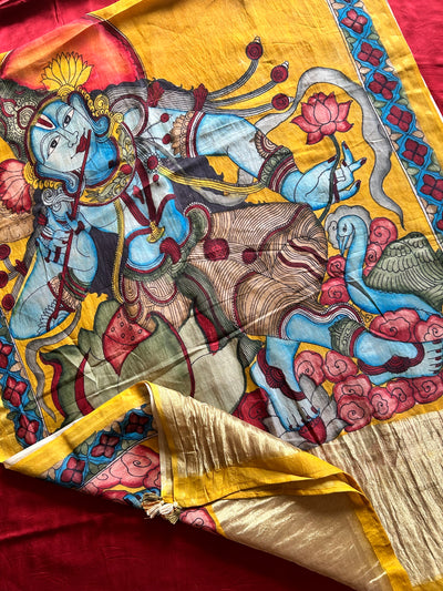 KRISHNA:MAROON,HANDDRAWN&HANDPAINTED PENKALAMKARI CHANDERI TISSUE DUPATTA WITH DYED MODAL SILK SUIT SET