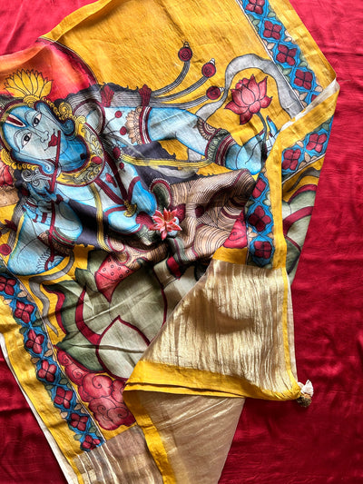 KRISHNA:MAROON,HANDDRAWN&HANDPAINTED PENKALAMKARI CHANDERI TISSUE DUPATTA WITH DYED MODAL SILK SUIT SET