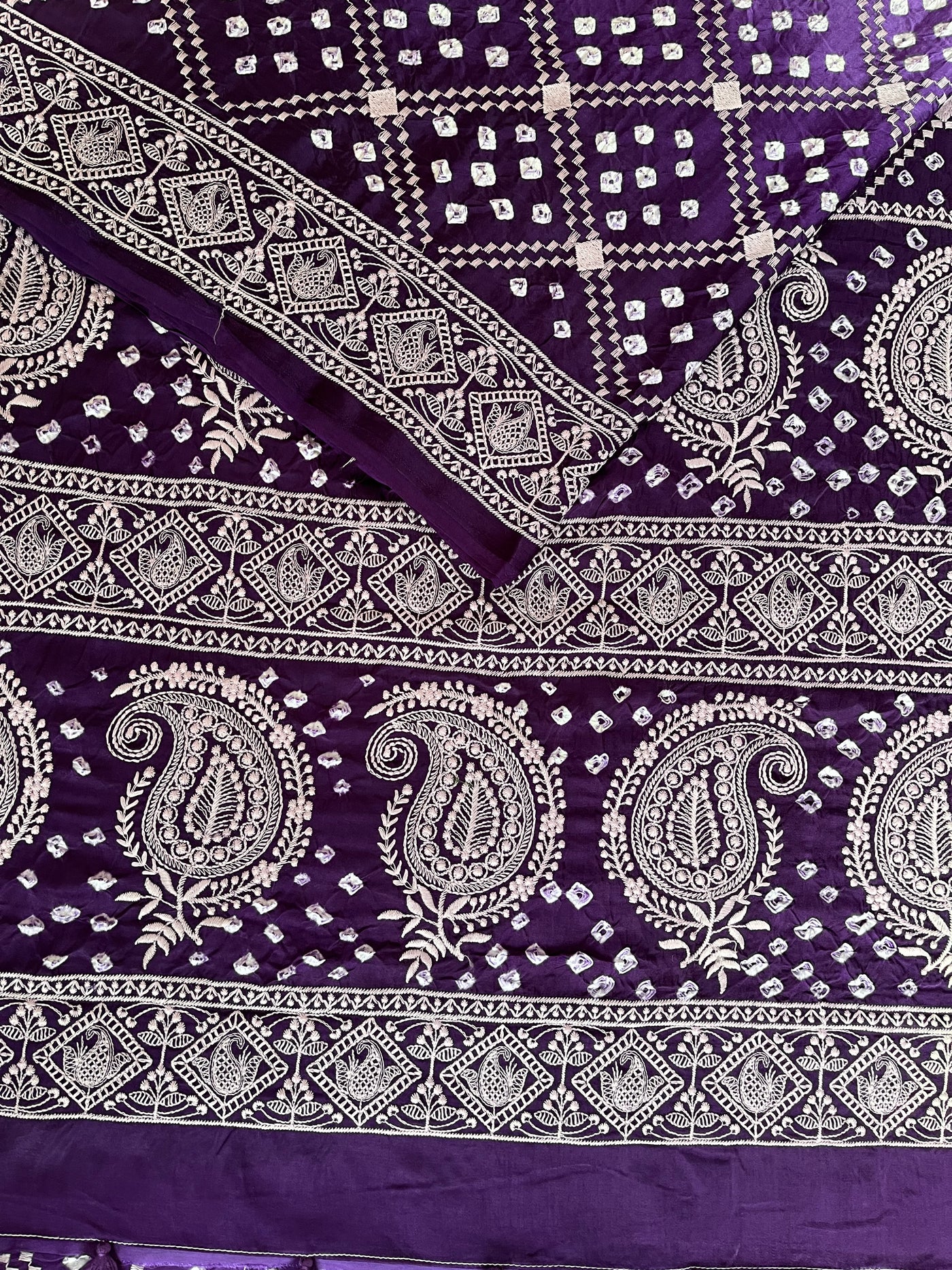 NIGHTINGALE : Handmade Bandhani Modal Silk Saree With Thread Embroidery Work