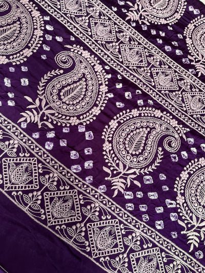 NIGHTINGALE : Handmade Bandhani Modal Silk Saree With Thread Embroidery Work