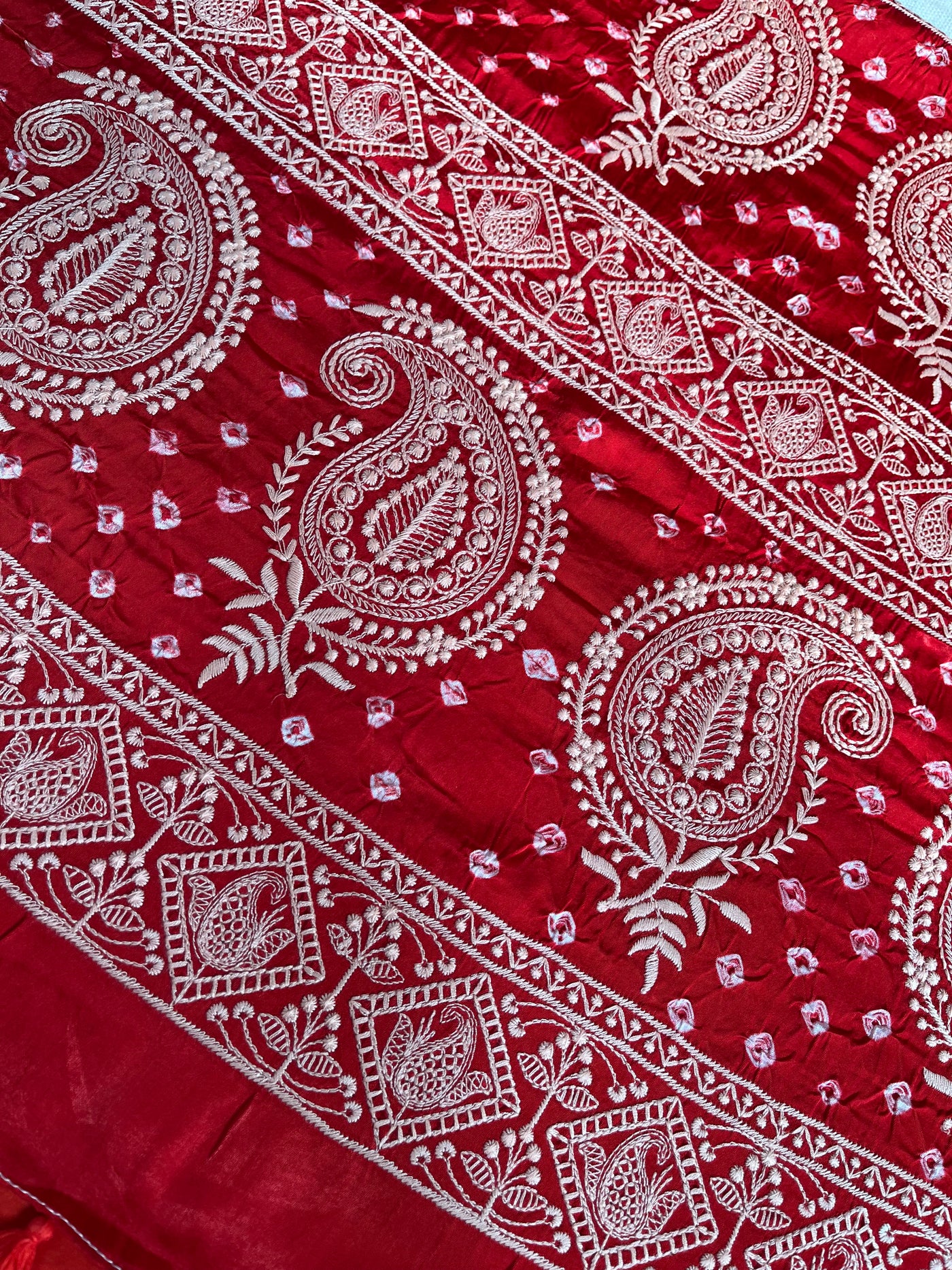 KUSUM: Handmade Bandhani Modal Silk Saree With Thread Embroidery Work
