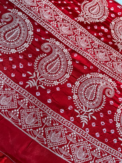 KUSUM: Handmade Bandhani Modal Silk Saree With Thread Embroidery Work
