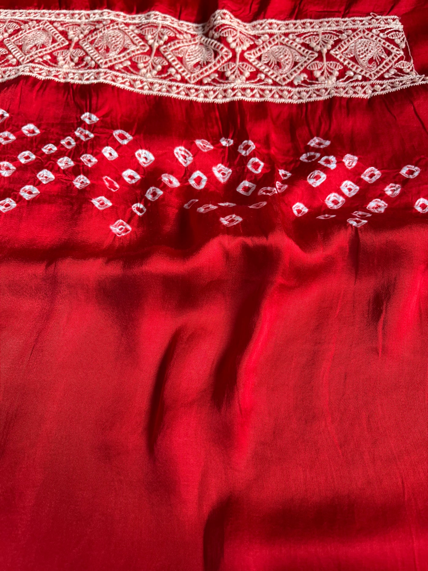 KUSUM: Handmade Bandhani Modal Silk Saree With Thread Embroidery Work