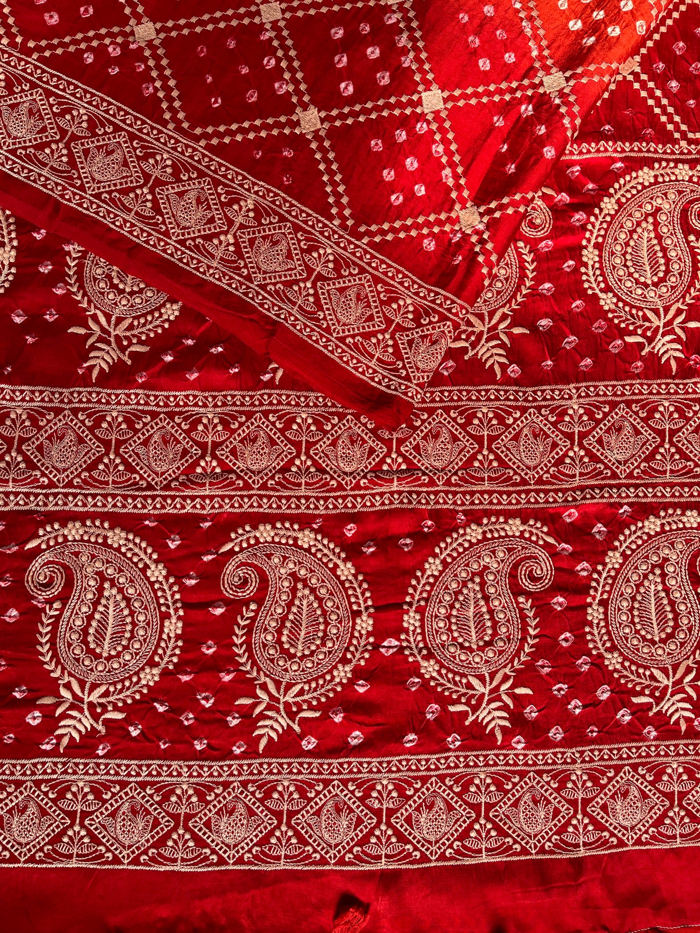 KUSUM: Handmade Bandhani Modal Silk Saree With Thread Embroidery Work
