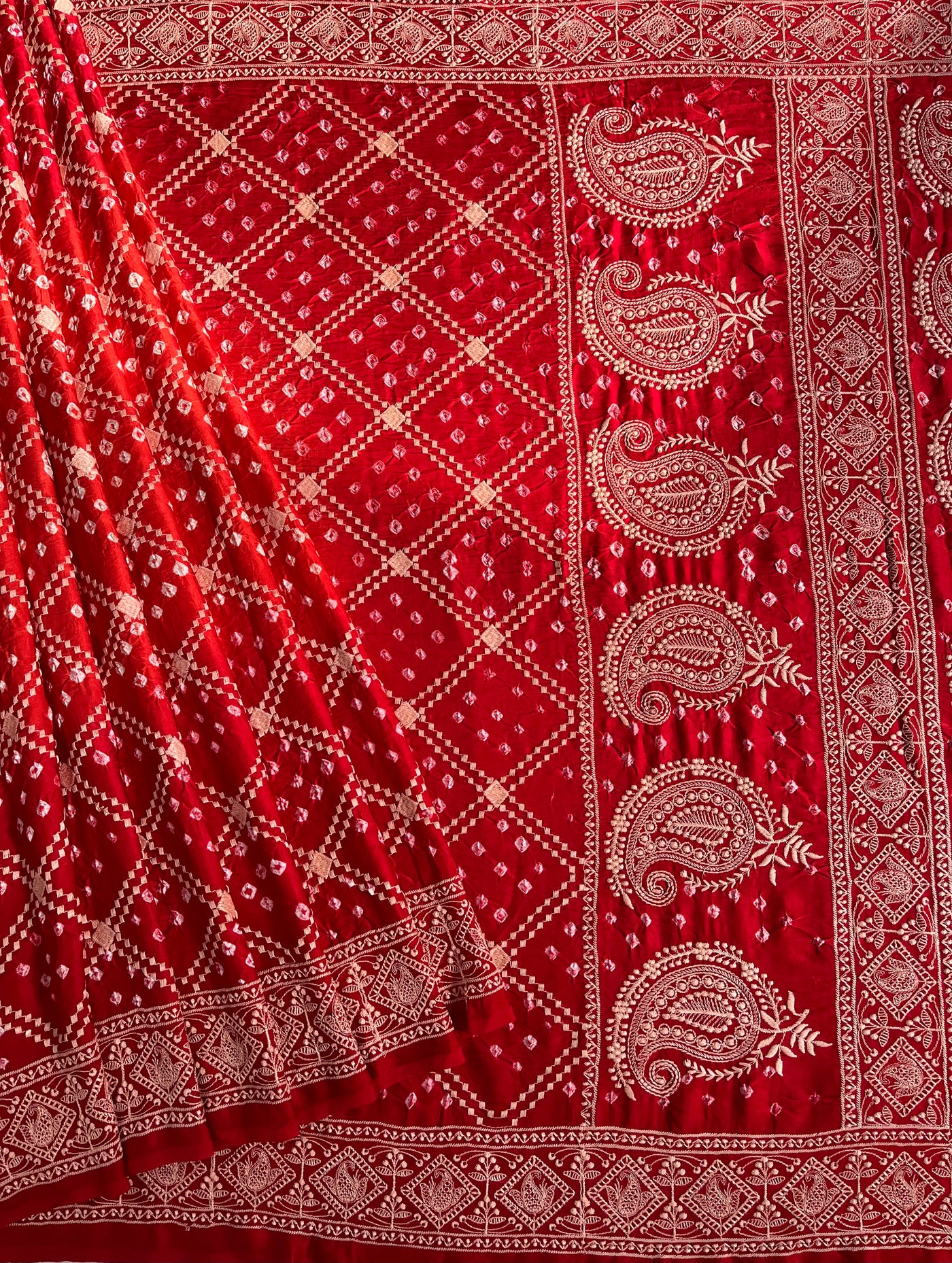 KUSUM: Handmade Bandhani Modal Silk Saree With Thread Embroidery Work