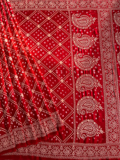 KUSUM: Handmade Bandhani Modal Silk Saree With Thread Embroidery Work
