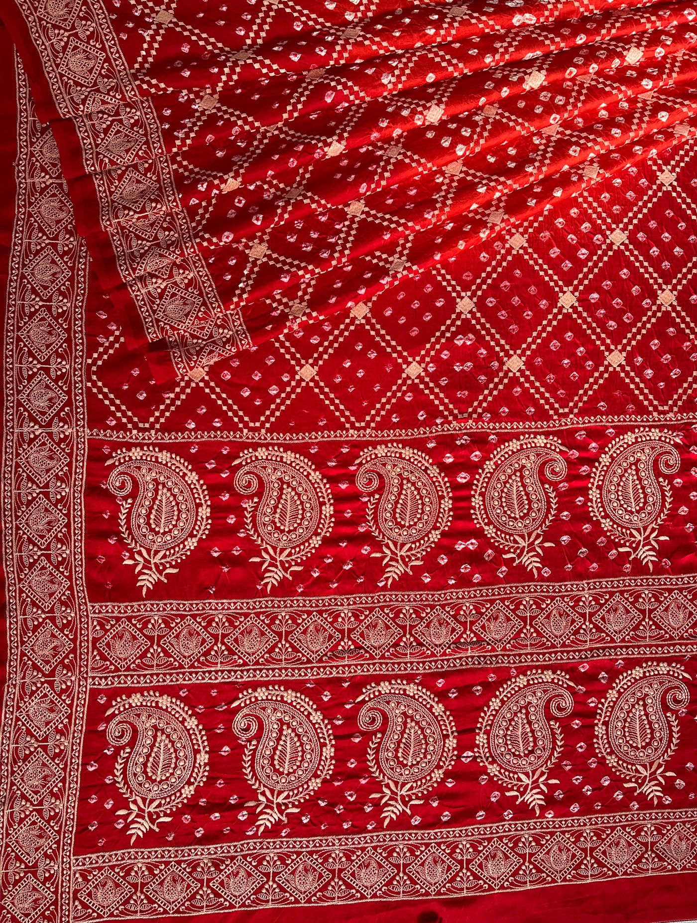 KUSUM: Handmade Bandhani Modal Silk Saree With Thread Embroidery Work