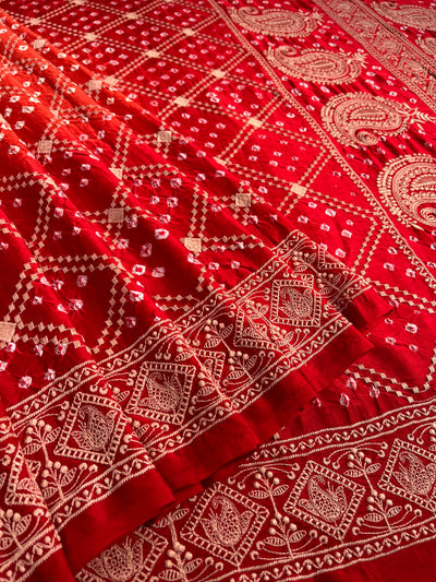 KUSUM: Handmade Bandhani Modal Silk Saree With Thread Embroidery Work