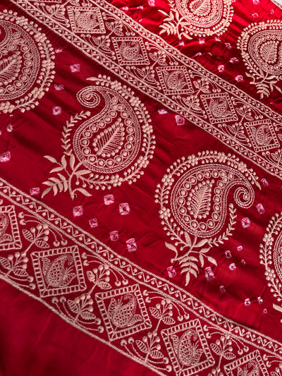 PARIJAT: Handmade Bandhani Modal Silk Saree With Thread Embroidery Work