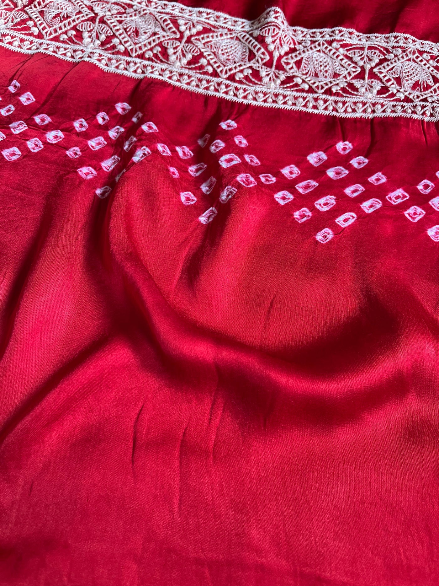 PARIJAT: Handmade Bandhani Modal Silk Saree With Thread Embroidery Work