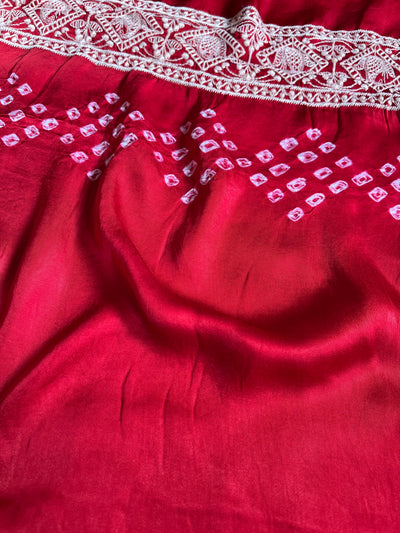 PARIJAT: Handmade Bandhani Modal Silk Saree With Thread Embroidery Work