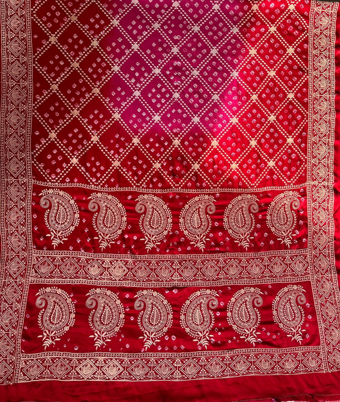PARIJAT: Handmade Bandhani Modal Silk Saree With Thread Embroidery Work