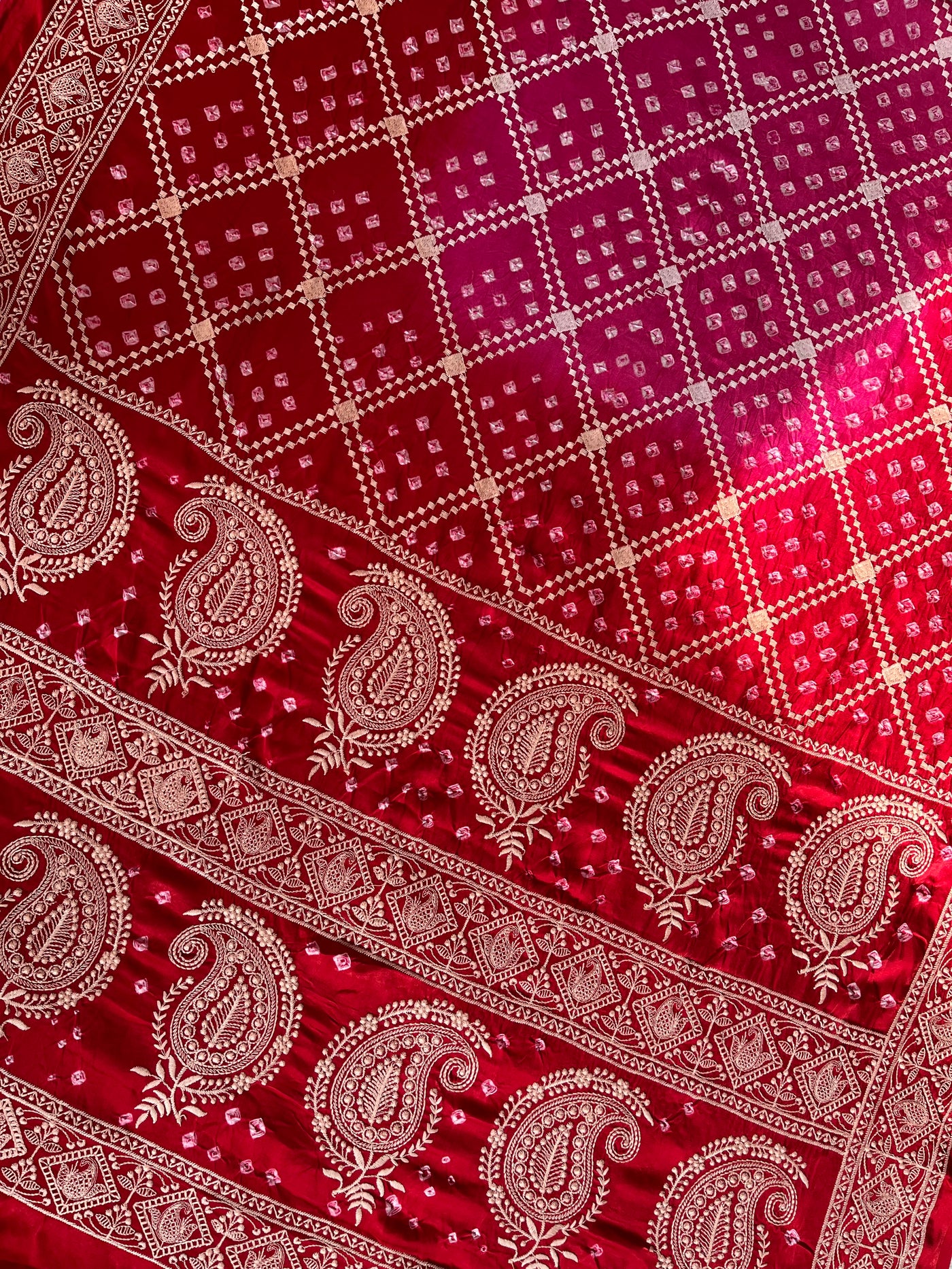 PARIJAT: Handmade Bandhani Modal Silk Saree With Thread Embroidery Work