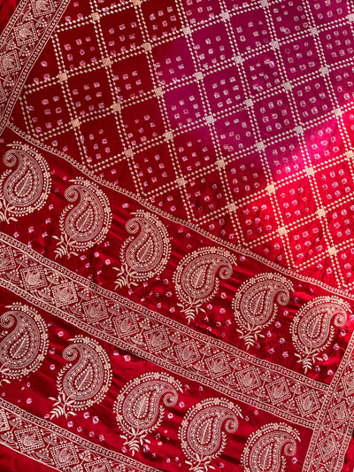 PARIJAT: Handmade Bandhani Modal Silk Saree With Thread Embroidery Work