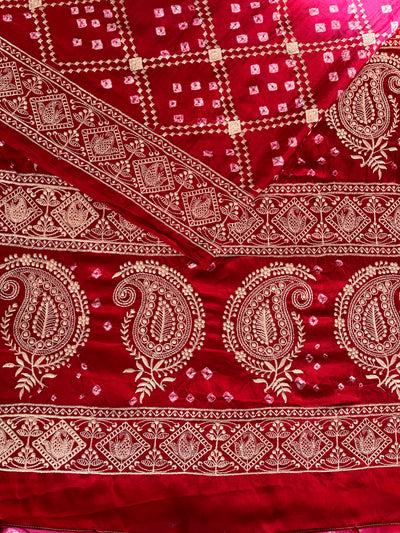PARIJAT: Handmade Bandhani Modal Silk Saree With Thread Embroidery Work