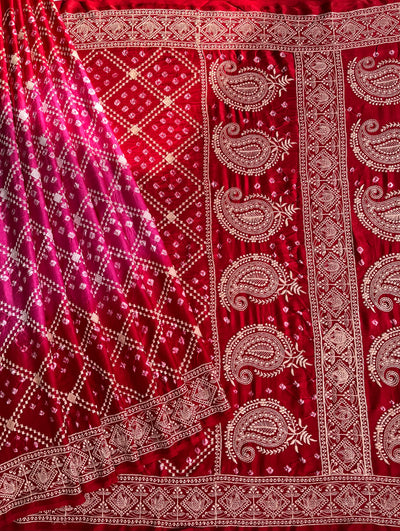 PARIJAT: Handmade Bandhani Modal Silk Saree With Thread Embroidery Work