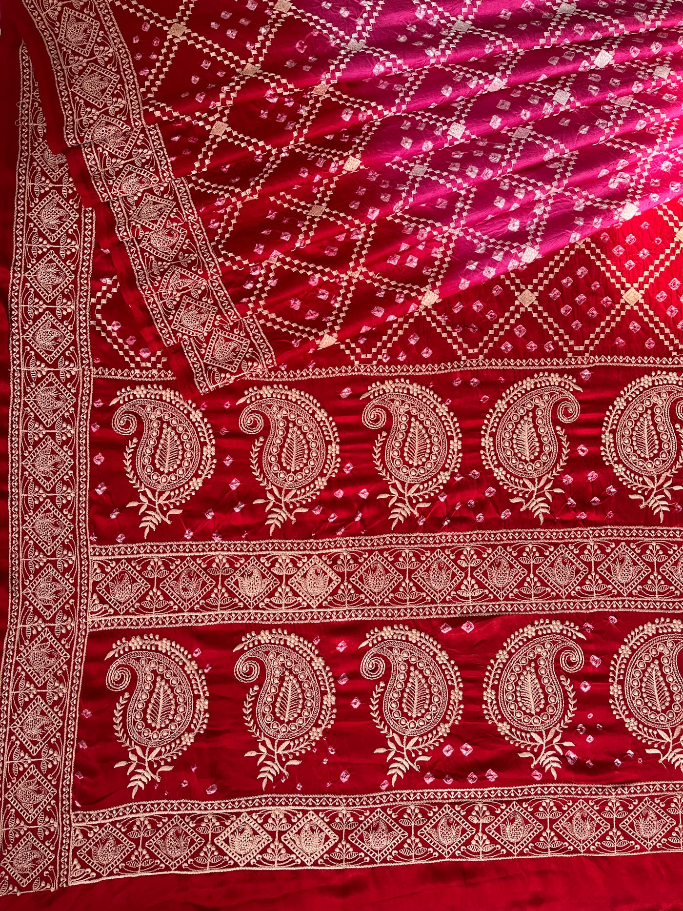 PARIJAT: Handmade Bandhani Modal Silk Saree With Thread Embroidery Work
