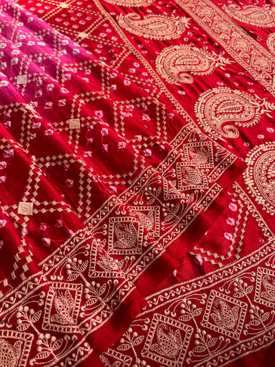 PARIJAT: Handmade Bandhani Modal Silk Saree With Thread Embroidery Work