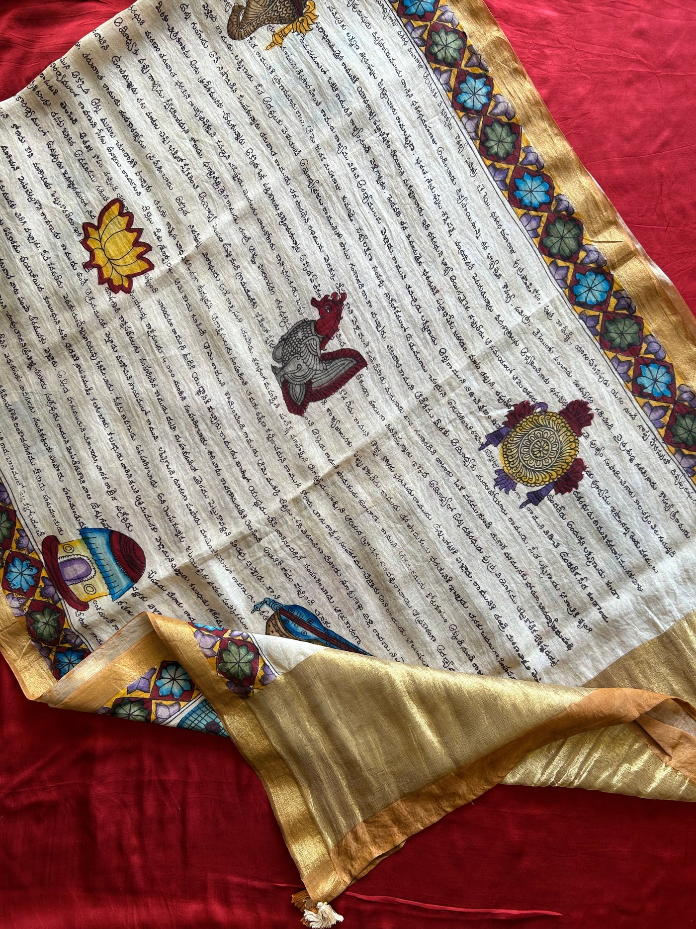 RAMAYANI:MAROON,HANDDRAWN&HANDPAINTED PENKALAMKARI CHANDERI TISSUE DUPATTA WITH DYED MODAL SILK SUIT SET
