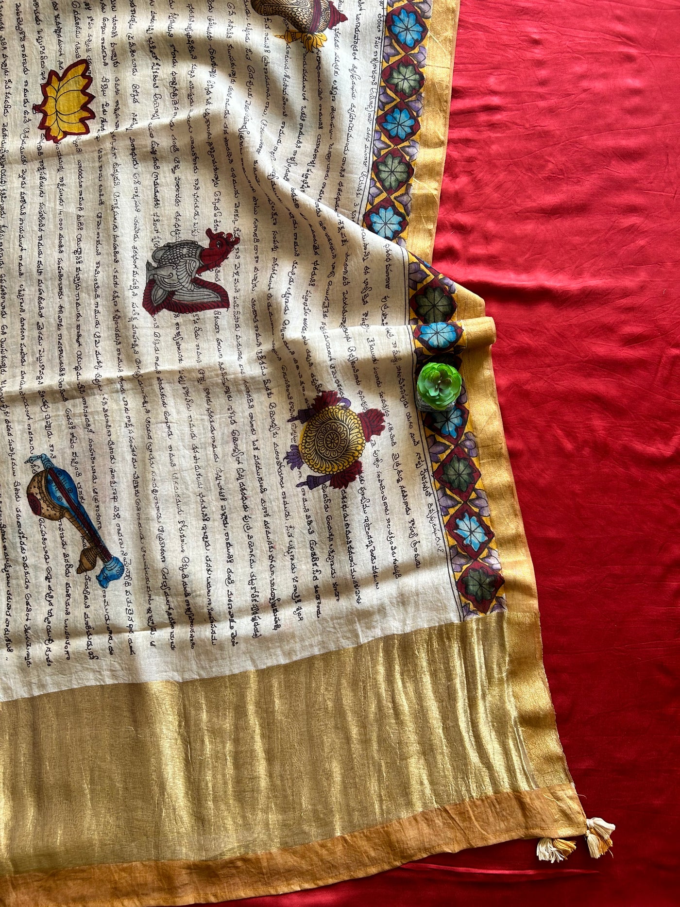 RAMAYANI:MAROON,HANDDRAWN&HANDPAINTED PENKALAMKARI CHANDERI TISSUE DUPATTA WITH DYED MODAL SILK SUIT SET