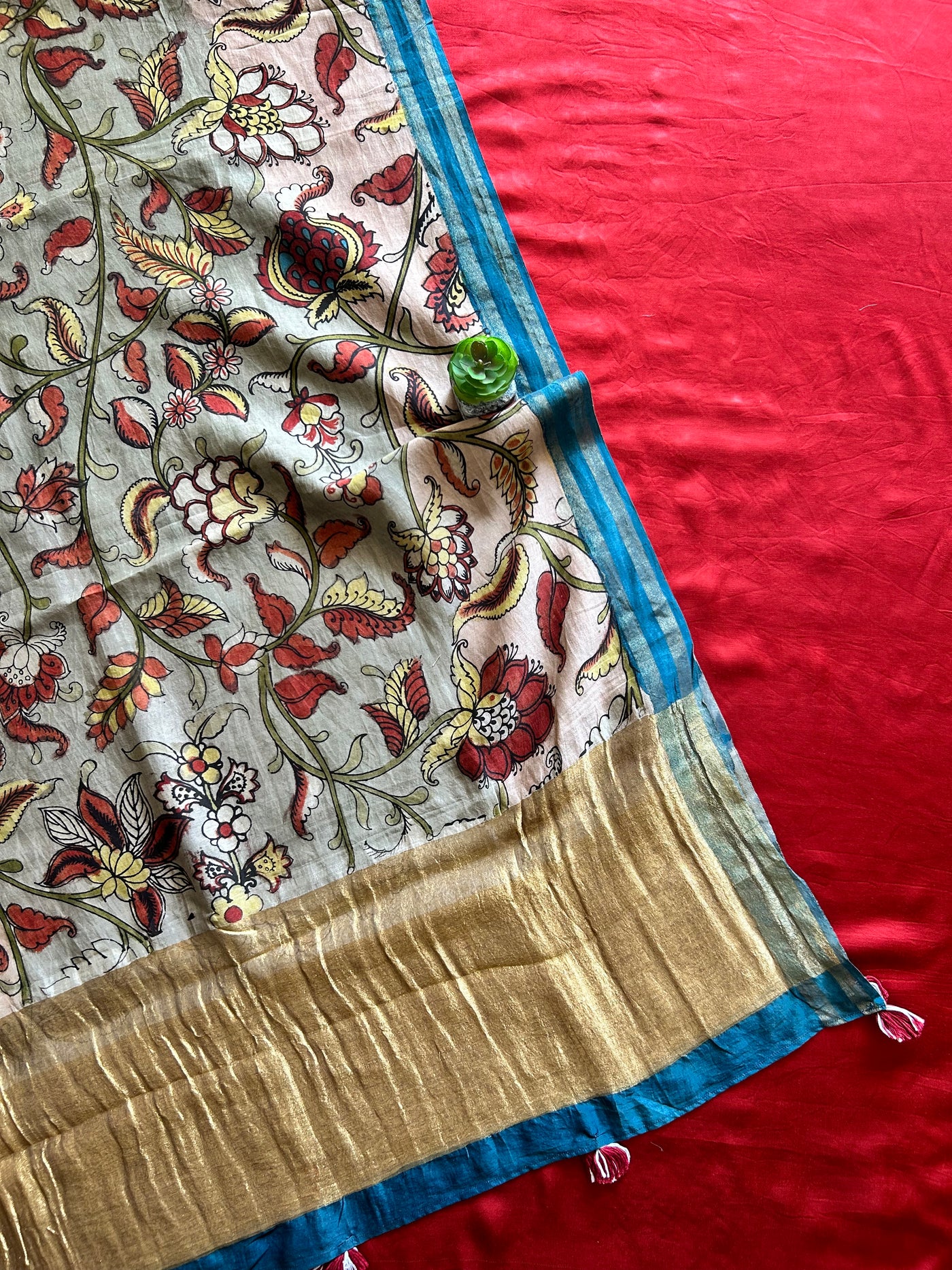 PHOOL:MAROON,HANDDRAWN&HANDPAINTED PENKALAMKARI CHANDERI TISSUE DUPATTA WITH DYED MODAL SILK SUIT SET