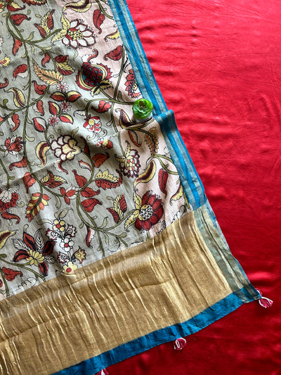PHOOL:MAROON,HANDDRAWN&HANDPAINTED PENKALAMKARI CHANDERI TISSUE DUPATTA WITH DYED MODAL SILK SUIT SET