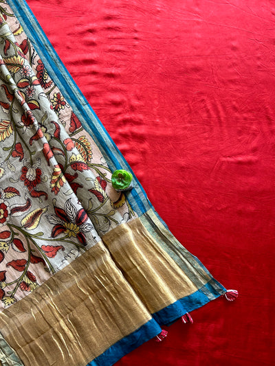 PHOOL:MAROON,HANDDRAWN&HANDPAINTED PENKALAMKARI CHANDERI TISSUE DUPATTA WITH DYED MODAL SILK SUIT SET