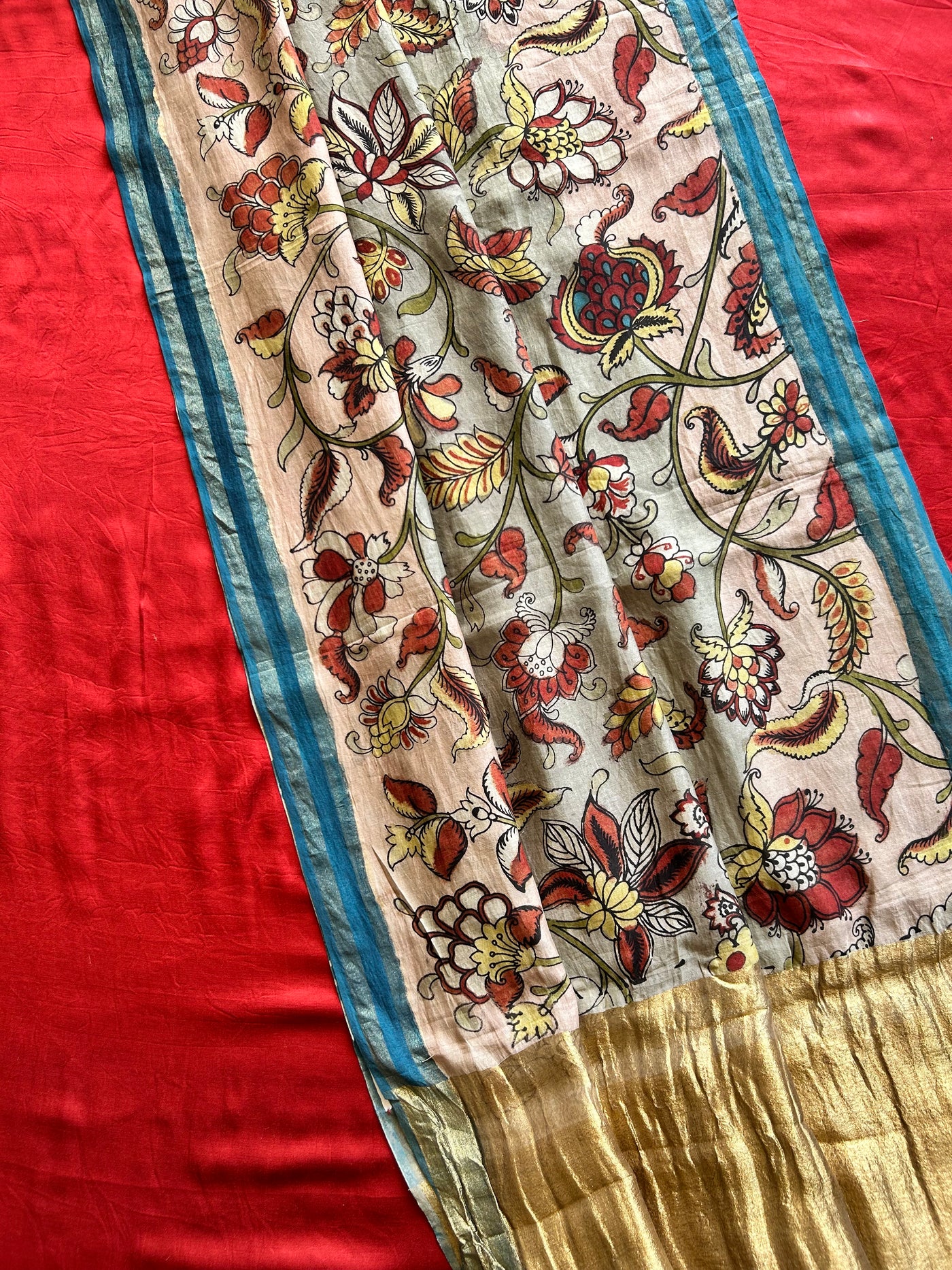 PHOOL:MAROON,HANDDRAWN&HANDPAINTED PENKALAMKARI CHANDERI TISSUE DUPATTA WITH DYED MODAL SILK SUIT SET