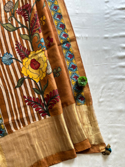 PATRALEKHA:CREAM,HANDDRAWN&HANDPAINTED PENKALAMKARI CHANDERI TISSUE DUPATTA WITH DYED MODAL SILK SUIT SET