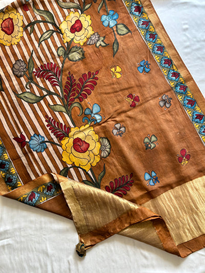 PATRALEKHA:CREAM,HANDDRAWN&HANDPAINTED PENKALAMKARI CHANDERI TISSUE DUPATTA WITH DYED MODAL SILK SUIT SET