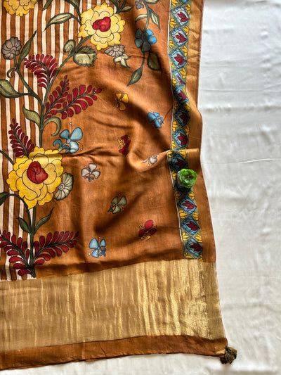 PATRALEKHA:CREAM,HANDDRAWN&HANDPAINTED PENKALAMKARI CHANDERI TISSUE DUPATTA WITH DYED MODAL SILK SUIT SET