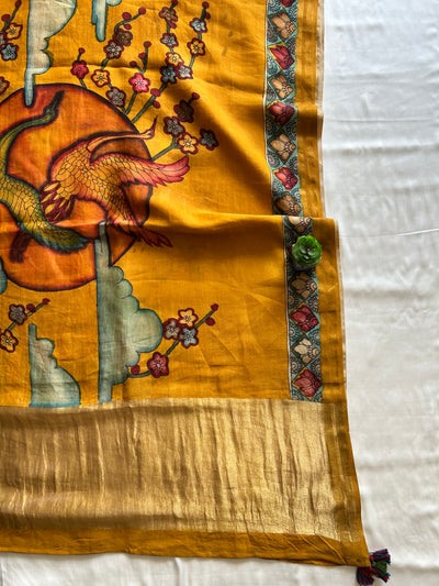 VARNIKA:CREAM,HANDDRAWN&HANDPAINTED PENKALAMKARI CHANDERI TISSUE DUPATTA WITH DYED MODAL SILK SUIT SET