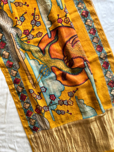 VARNIKA:CREAM,HANDDRAWN&HANDPAINTED PENKALAMKARI CHANDERI TISSUE DUPATTA WITH DYED MODAL SILK SUIT SET