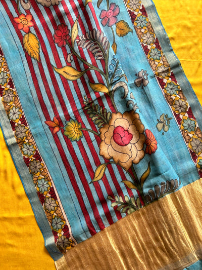 REKHANKIT: TURMERIC,HANDDRAWN&HANDPAINTED PENKALAMKARI CHANDERI TISSUE DUPATTA WITH DYED MODAL SILK SUIT SET