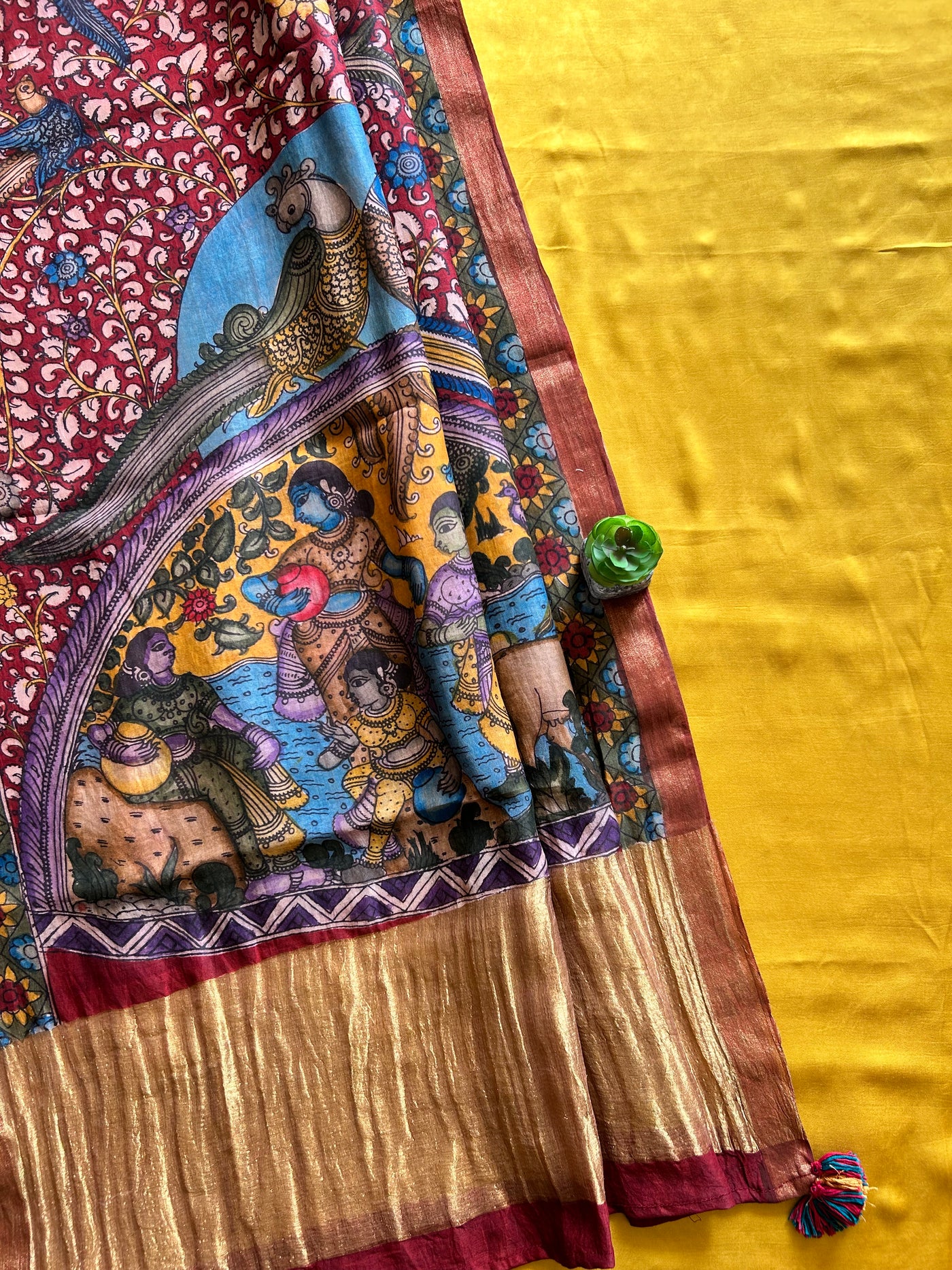 RANGKRITI: TURMURIC,HANDDRAWN&HANDPAINTED PENKALAMKARI CHANDERI TISSUE DUPATTA WITH DYED MODAL SILK SUIT SET