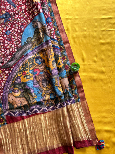RANGKRITI: TURMURIC,HANDDRAWN&HANDPAINTED PENKALAMKARI CHANDERI TISSUE DUPATTA WITH DYED MODAL SILK SUIT SET