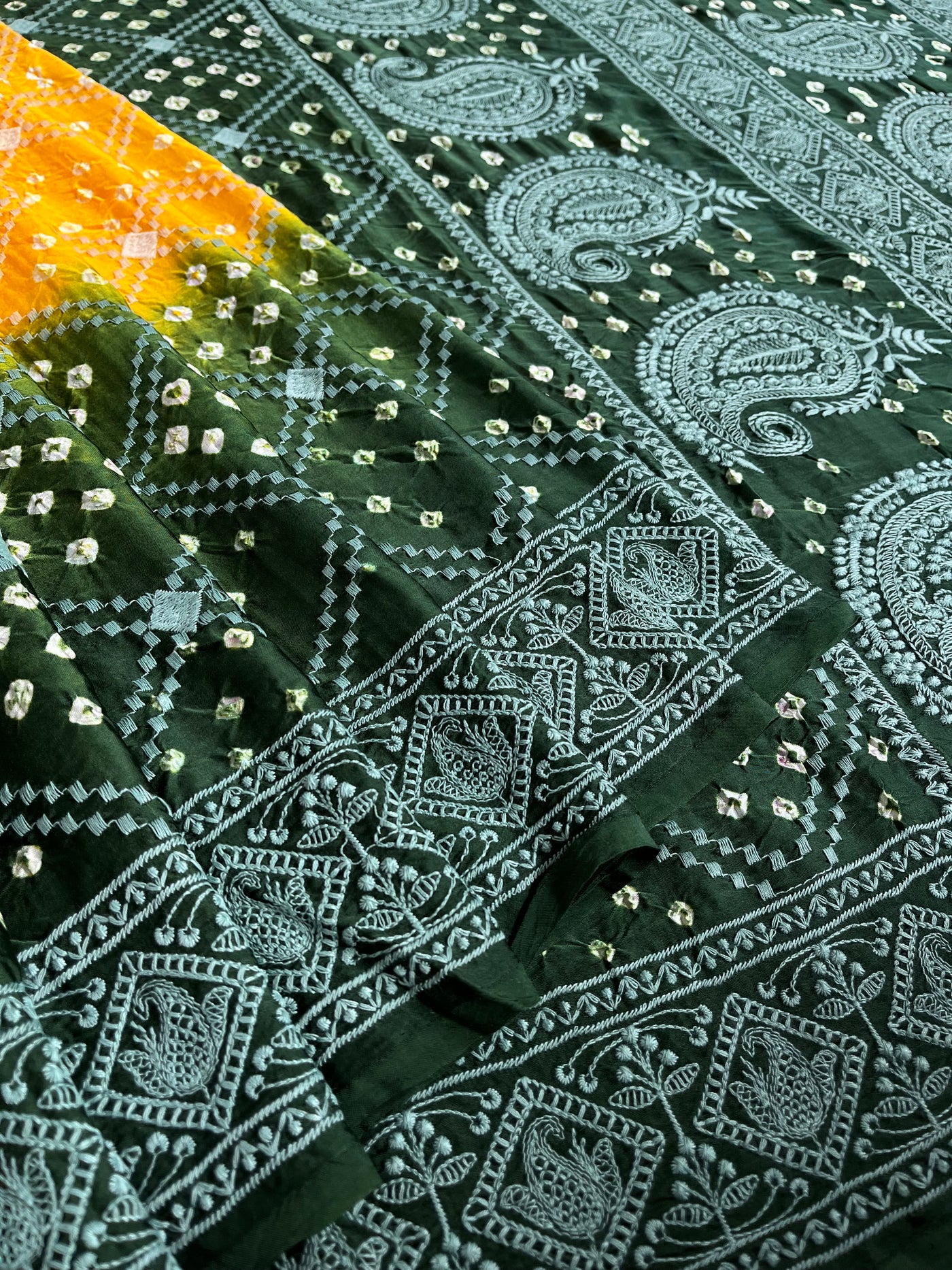 RIMJHIM: Handmade Bandhani Modal Silk Saree With Thread Embroidery Work