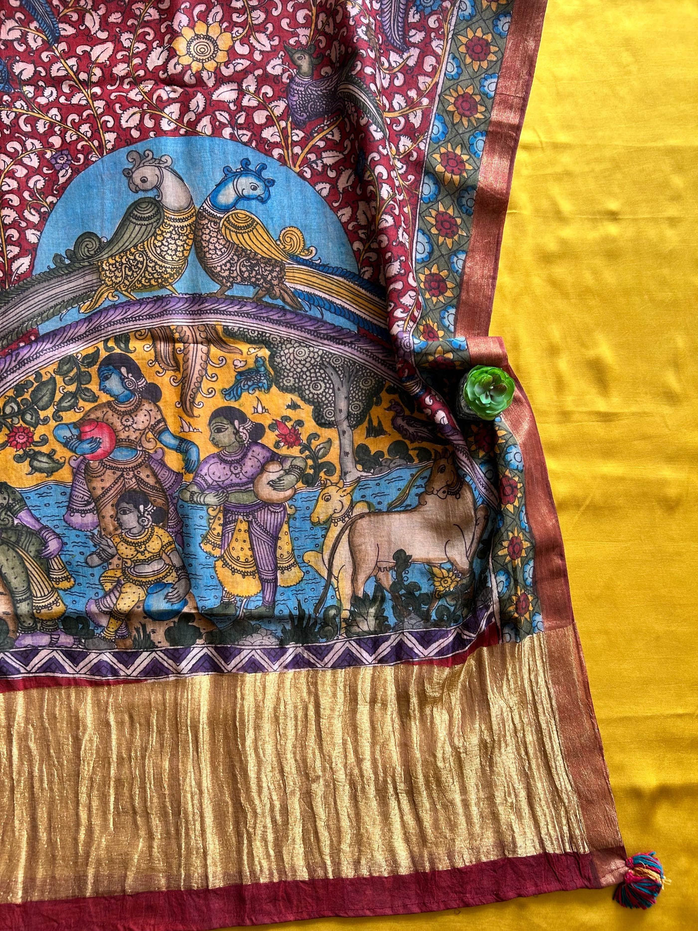 RANGKRITI: TURMURIC,HANDDRAWN&HANDPAINTED PENKALAMKARI CHANDERI TISSUE DUPATTA WITH DYED MODAL SILK SUIT SET