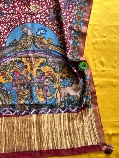 RANGKRITI: TURMURIC,HANDDRAWN&HANDPAINTED PENKALAMKARI CHANDERI TISSUE DUPATTA WITH DYED MODAL SILK SUIT SET