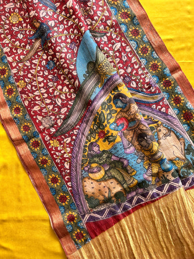 RANGKRITI: TURMURIC,HANDDRAWN&HANDPAINTED PENKALAMKARI CHANDERI TISSUE DUPATTA WITH DYED MODAL SILK SUIT SET