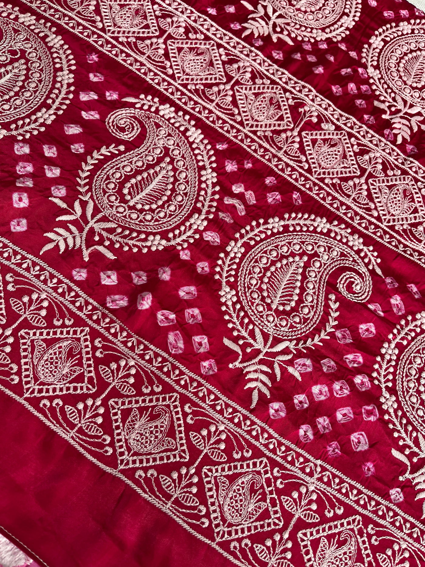 SAANJH: Handmade Bandhani Modal Silk Saree With Thread Embroidery Work