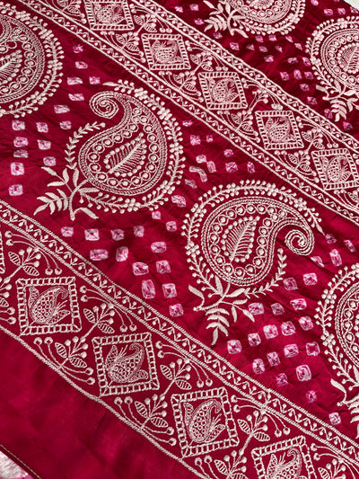 SAANJH: Handmade Bandhani Modal Silk Saree With Thread Embroidery Work