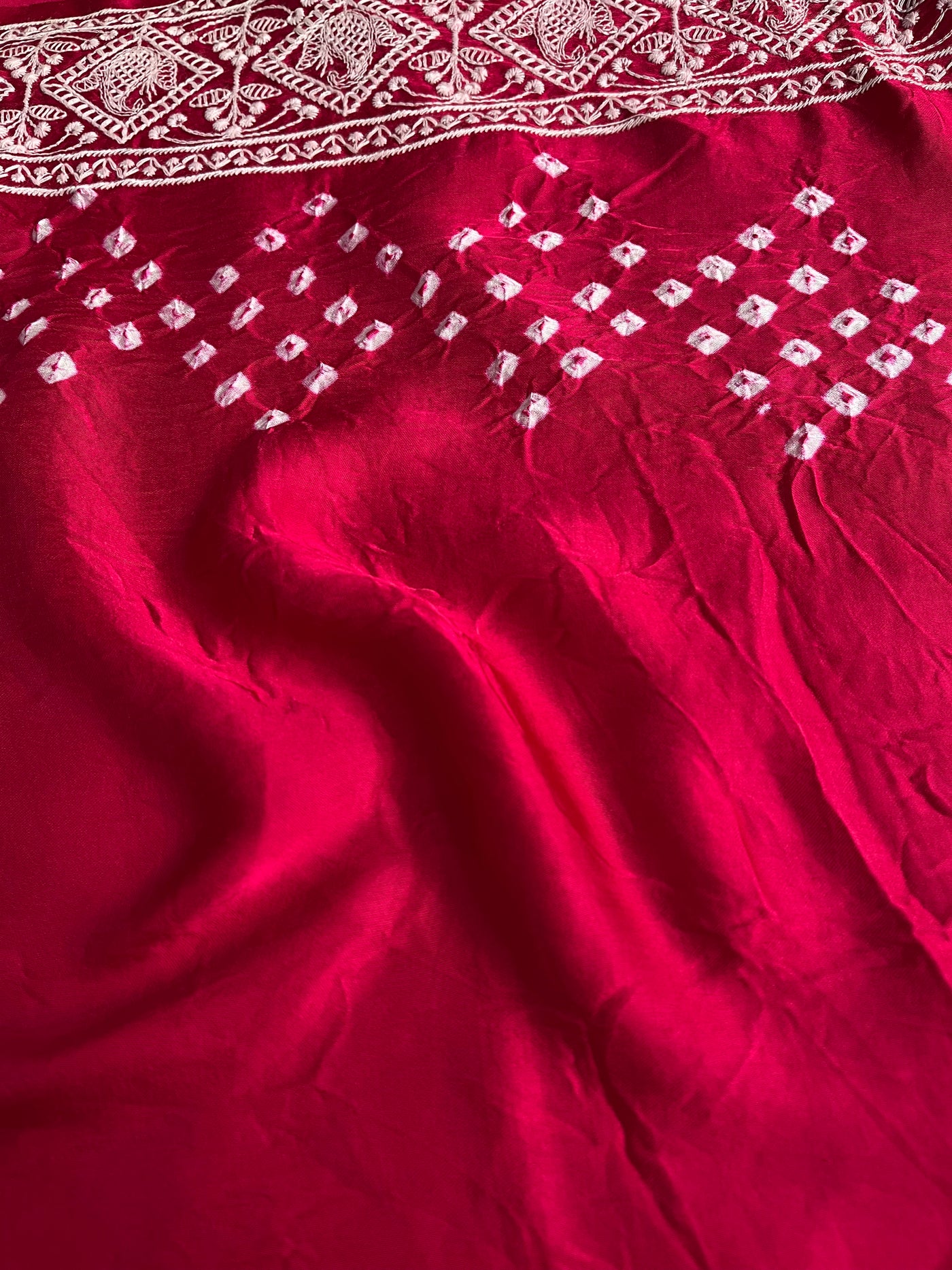 SAANJH: Handmade Bandhani Modal Silk Saree With Thread Embroidery Work